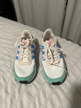 adidas Women's White Sneakers with Blue Stripes and Mint Toe